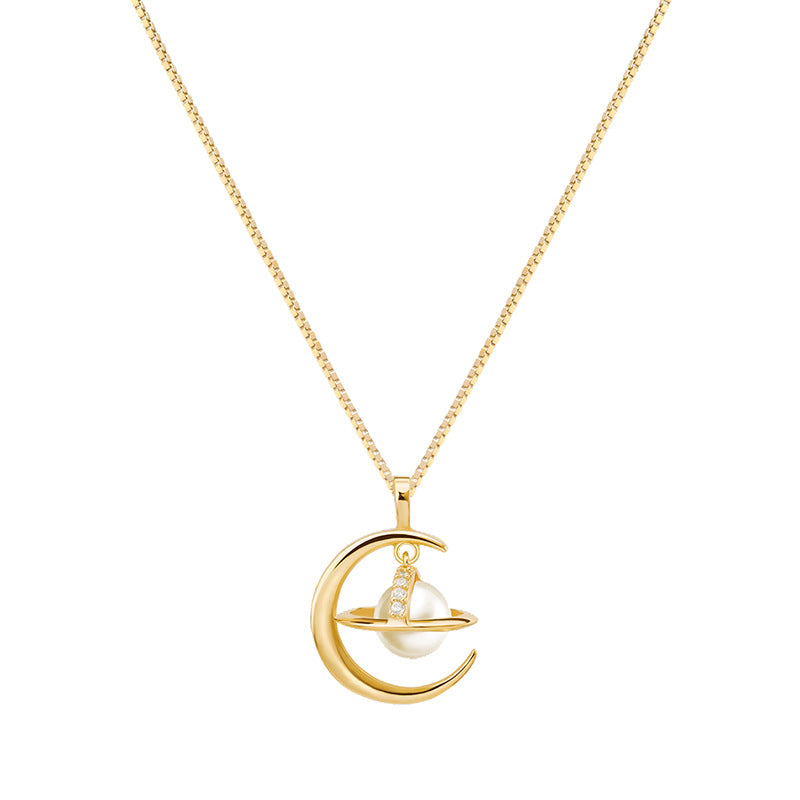 Planet and Moon Pendant Pearl Necklace