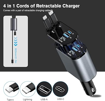 Extended Car Charger丨100W Super Fast Charging丨4 in 1 Car Charger丨2.6ft Extension Cable丨Dual-End Cigarette Holder USB Charger