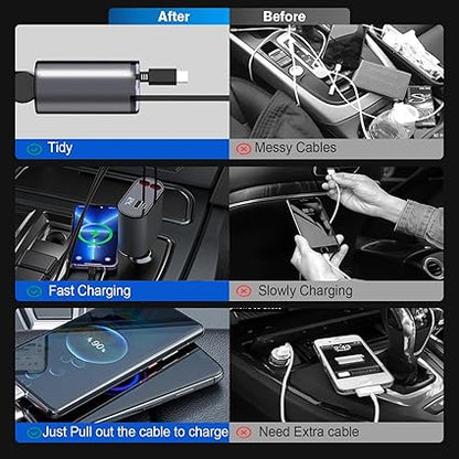 Extended Car Charger丨100W Super Fast Charging丨4 in 1 Car Charger丨2.6ft Extension Cable丨Dual-End Cigarette Holder USB Charger