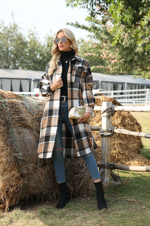Womens Casual Plaid Wool Blend Button Down Long Sleeve Shirt Oversize Lapel Shacket Jacket Coat Flannel Peacoat