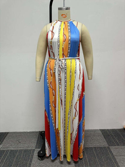 Women Chains Printed Sleeveless Backless Maxi Dress Casual Summer Beach Party Dress